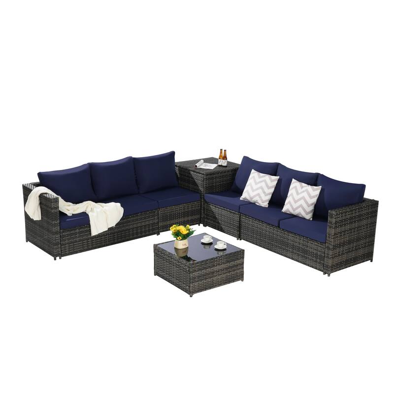 6-Piece Outdoor Patio Wicker Sectional Sofa Set with Corner Table & Glass Top Table