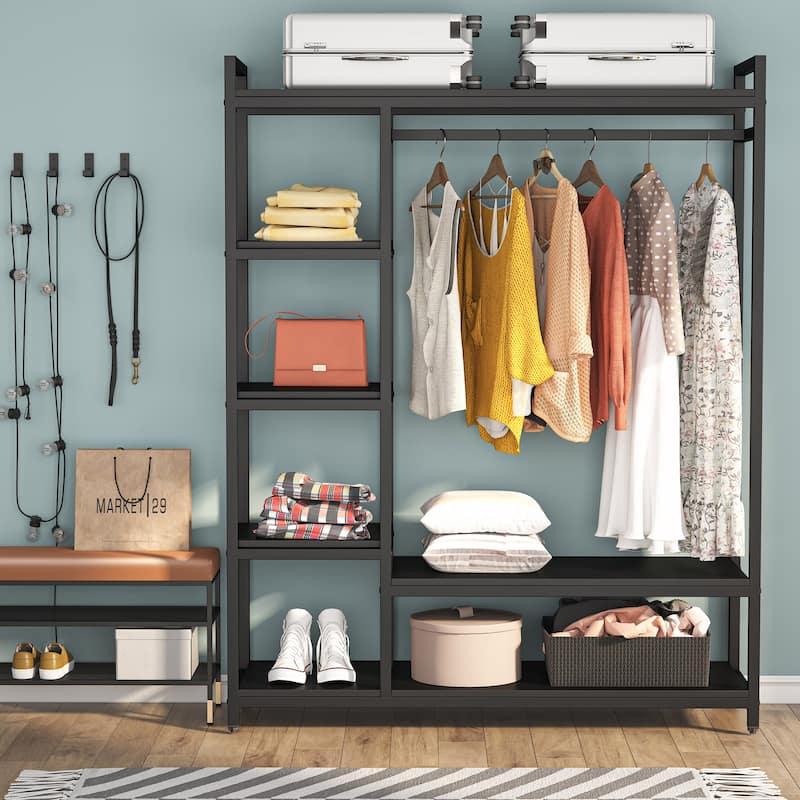 79 inche tall Freestanding Clothes Closet, Garment Rack with Shelves and Hanging rod clothing closet - black&black