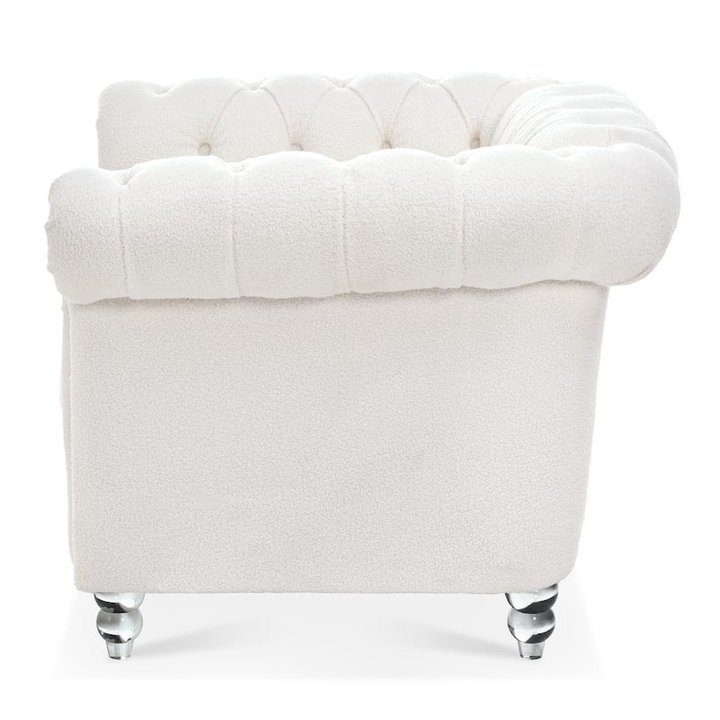 White Teddy Modern 38.98" Upholstered Buttons Tufted Accent Chair with Gourd Shaped Birch Legs and Nailheads