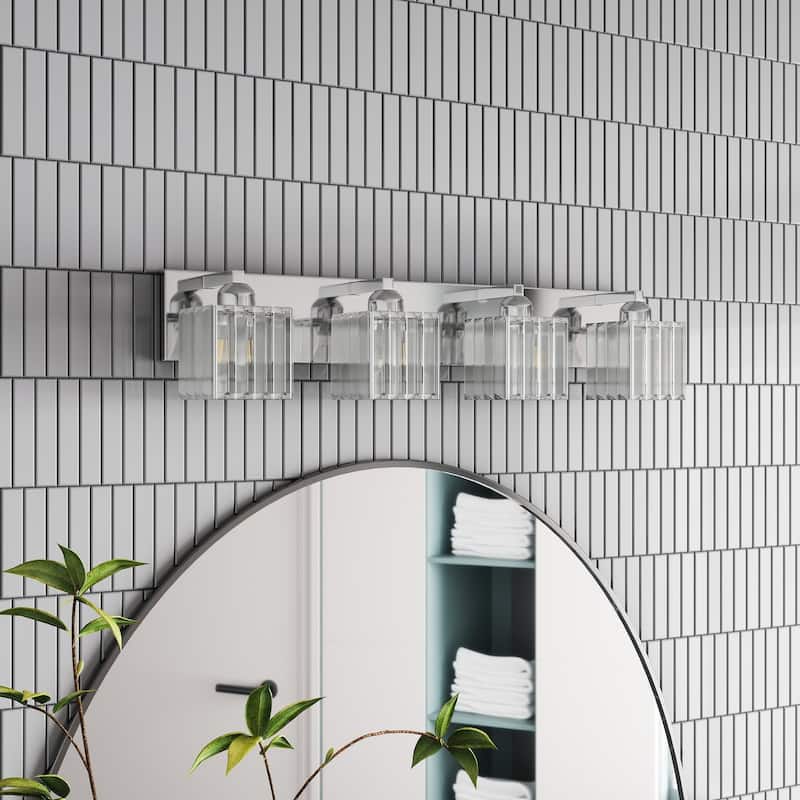Modern Polished Chrome 4-Light Exquisite Textured Crystal Bathroom Vanity Lighting - Chrome