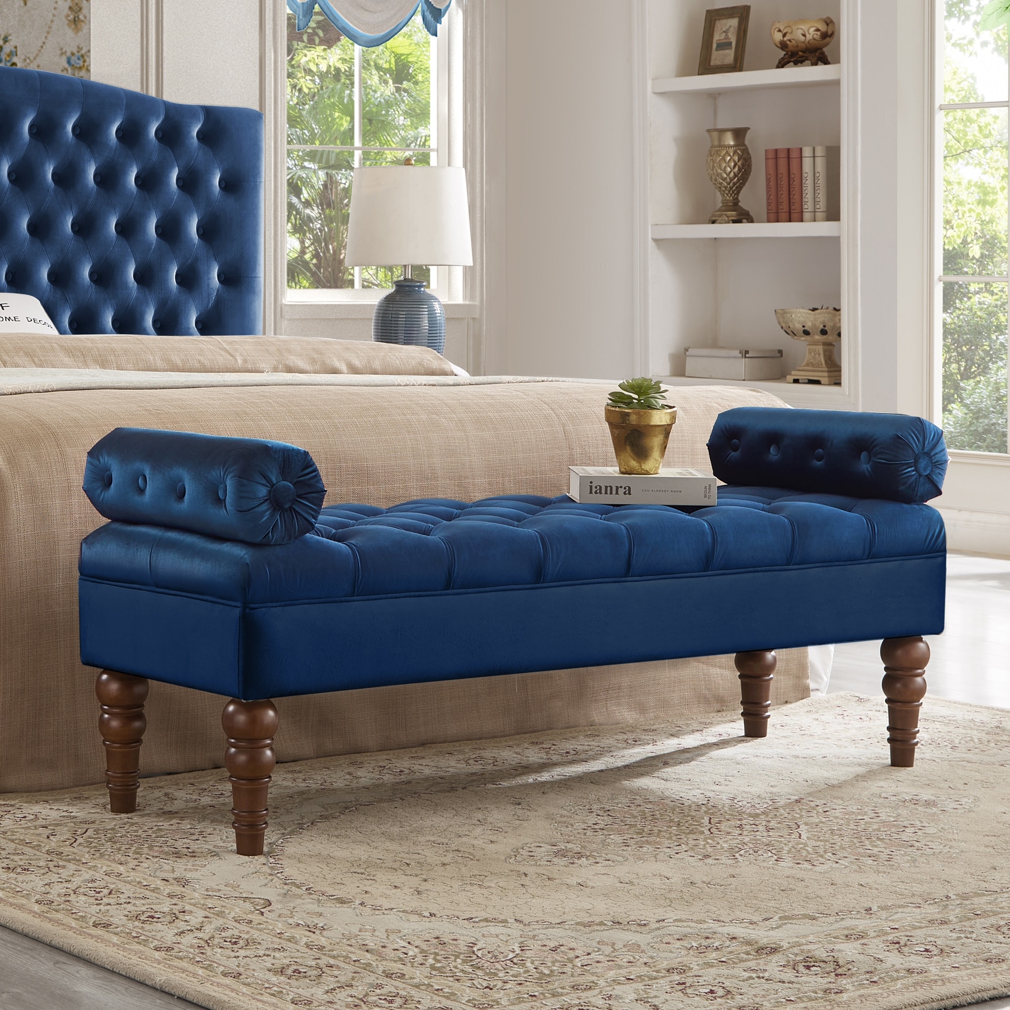 Vintage Velvet Tufted Bench with Bolster Pillows Entryway Living Room Bedroom