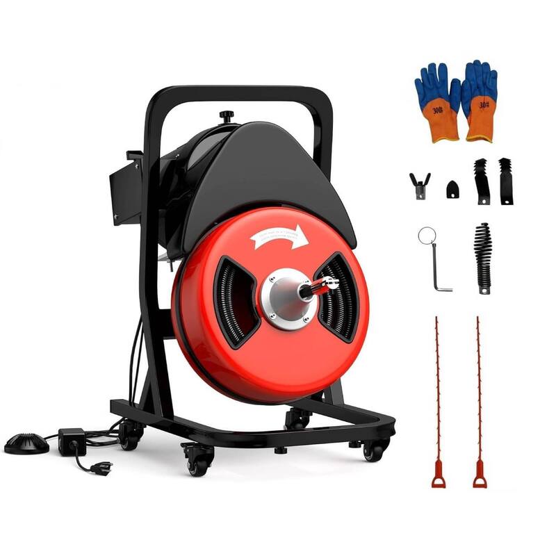 50FT 1/2 Inch Portable Drain Cleaning Machine for 1" to 4" Pipes with Blue Gloves - Red