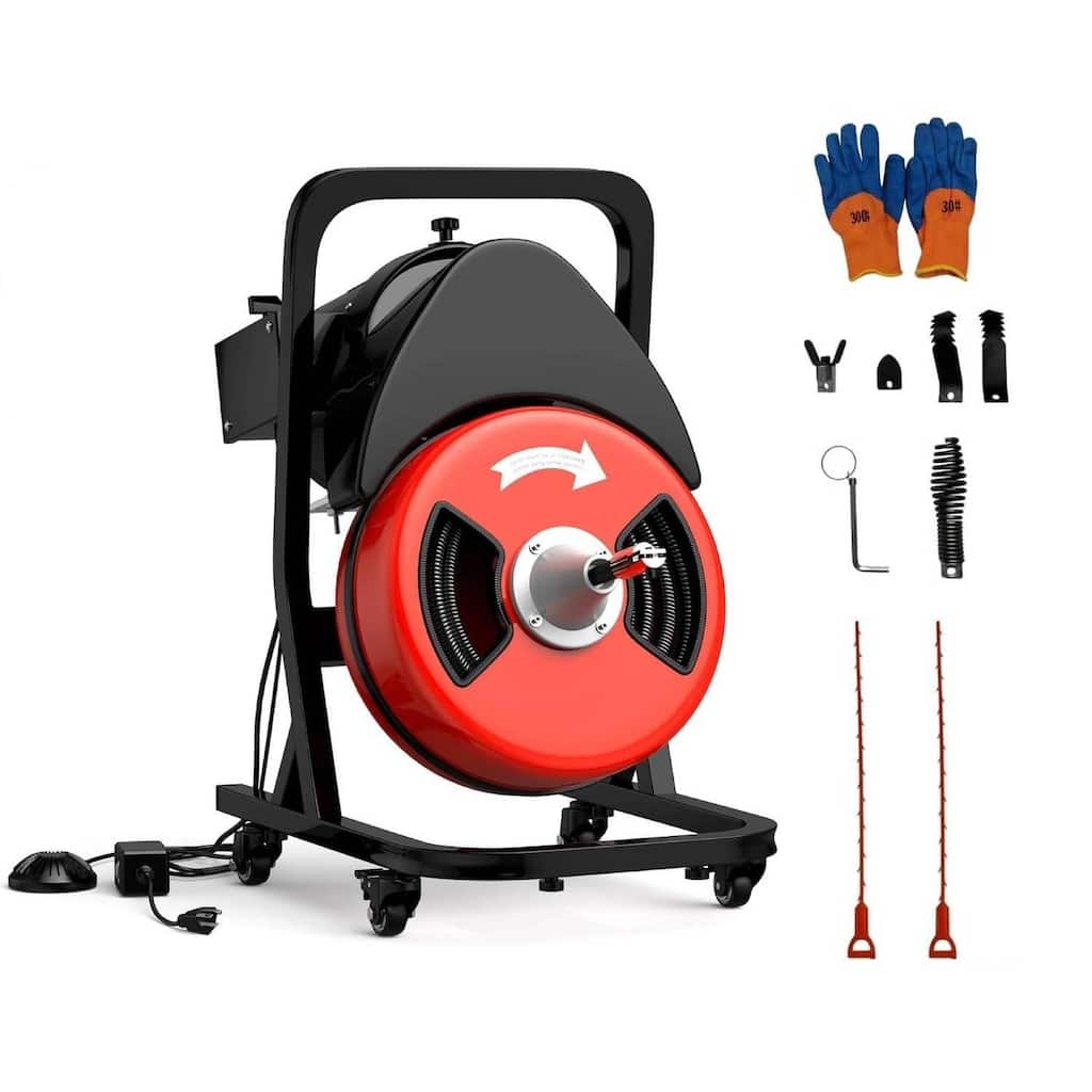 50FT 1/2 Inch Portable Drain Cleaning Machine for 1" to 4" Pipes with Blue Gloves