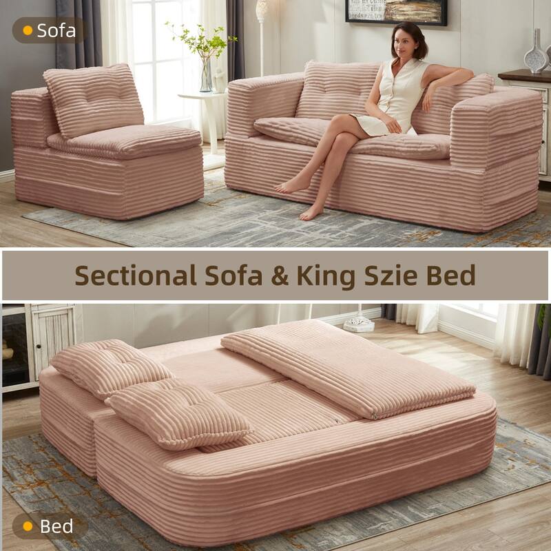 Sofa Bed With Independent Chaise Lounge And Functional Blanket,Convertible Sofa Bed,King Size Bed,Deep Seat