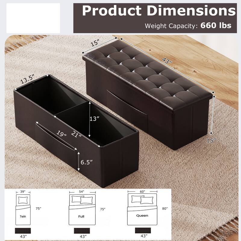 43 Inch PU Leather Storage Ottoman Bench with 38 Gallon Capacity Removable Divider and Foam Cushion for Living Room Entryway