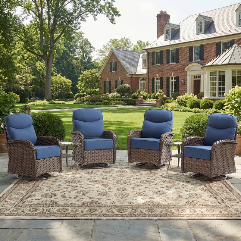 Pocassy Outdoor Wicker Patio Sofa with Swivel Chair Ottoman Sets - Brown Wicker Blue Cushion - 6-Piece Swivel Chair with Side Table