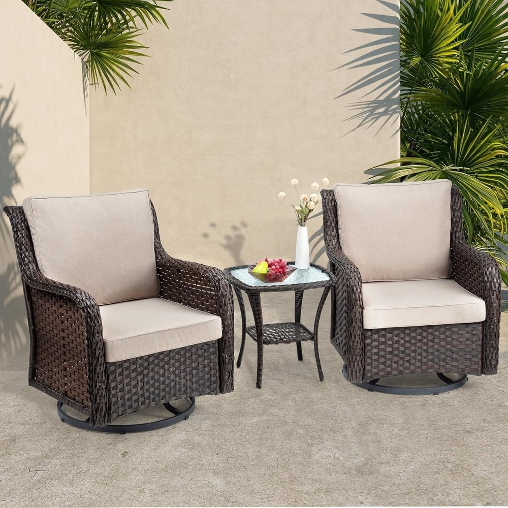 Outdoor Wicker Furniture Set 3-Piece Swivel Glider Rocking Chair and Coffee Table
