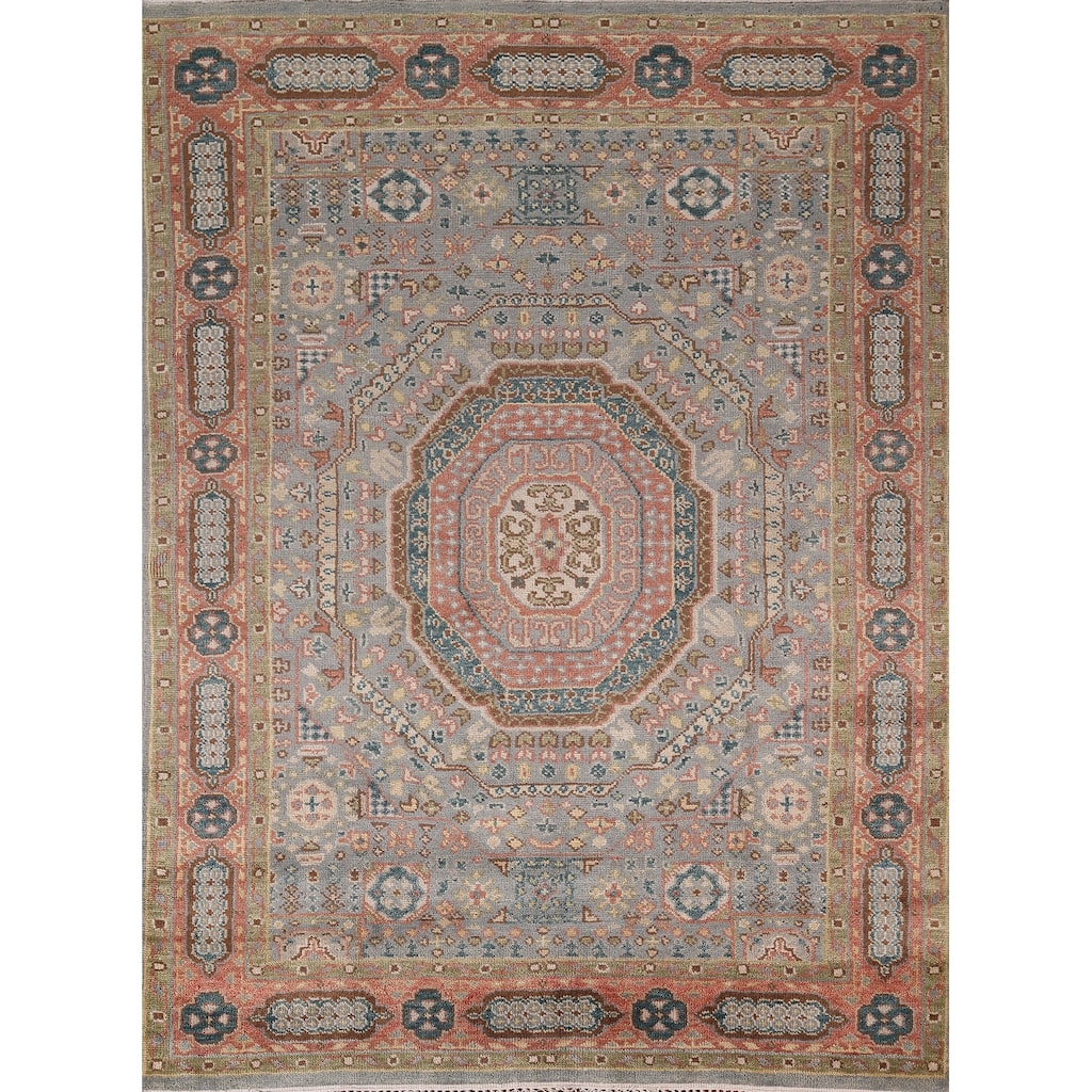 Gray Geometric Khotan Indian Area Rug Hand-Knotted Wool Carpet - 7'9"x 9'10"