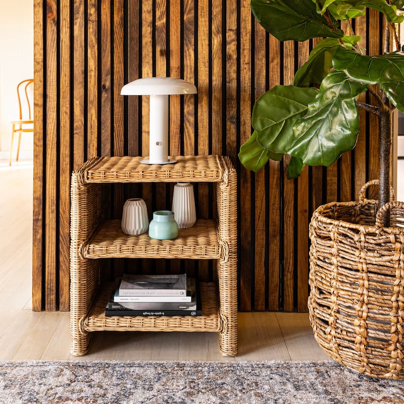 Spiroa 22" Coastal Bohemian Rattan/Wood 3 Tier End Table, Natural, by JONATHAN Y - 22.04"