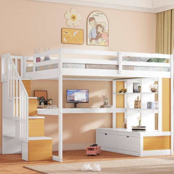 slide 2 of 25, Stairway Wood Loft Bed with Bulit-in Desk & Storage Shelevs, Full Size Loft Bed Frame w/ Storage Staircase & 2 Bulit-in Drawers Natural+White