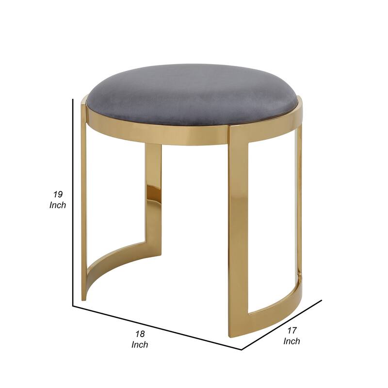 Niyo 19 Inch Accent Stool Ottoman, Round Cushioned Gray Velvet Seat, Gold