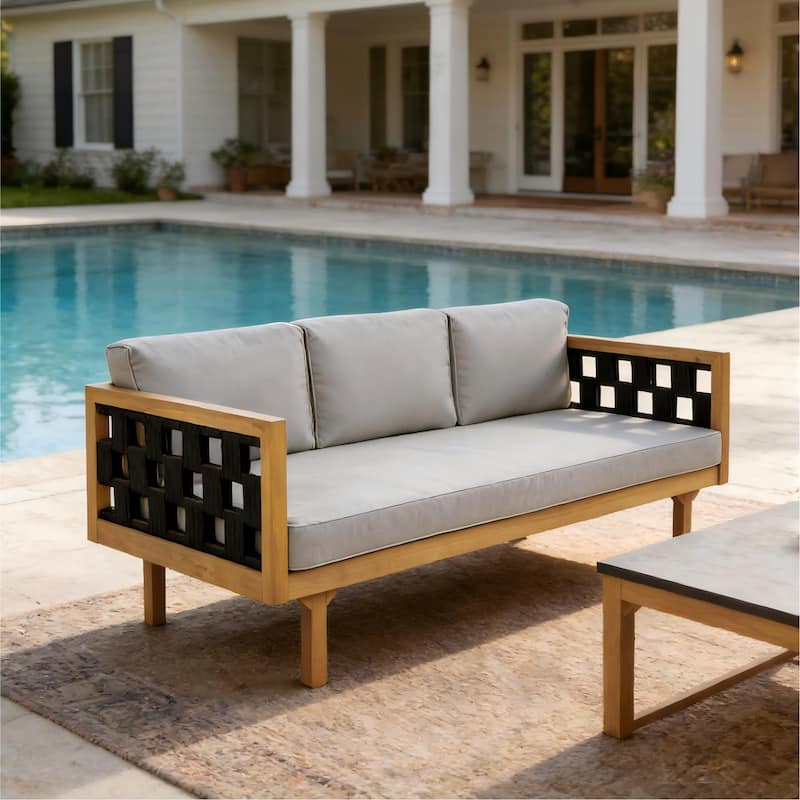 Christopher Knight Home - Modern Outdoor Patio Acacia Wood 3-Seater Daybed Sofa with Cushions, Rope Square Armrest & Teak Finish