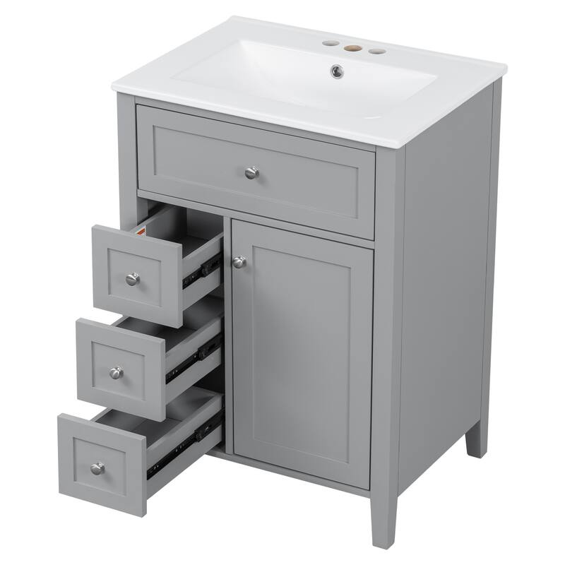 Roomfitters 24" Bathroom Vanity with Sink, Solid Wood Legs, 4 Drawers & Cabinet with Adjustable Shelf