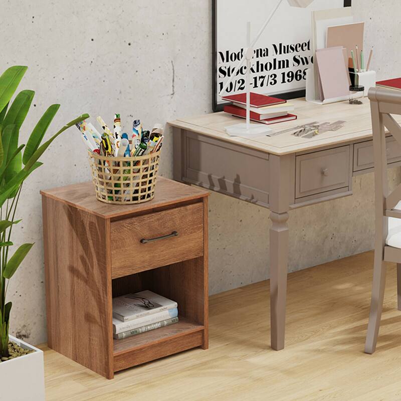 Gymax 2PCS Nightstand with Drawer Storage Shelf Wooden End Side Table