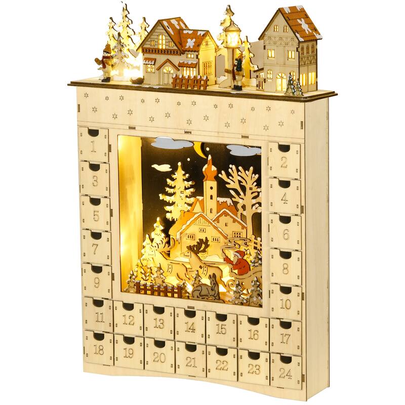 HOMCOM Christmas Advent Calendar, Light Up Wooden Holiday Decoration with 24 Countdown Drawers and LED LightsNatural