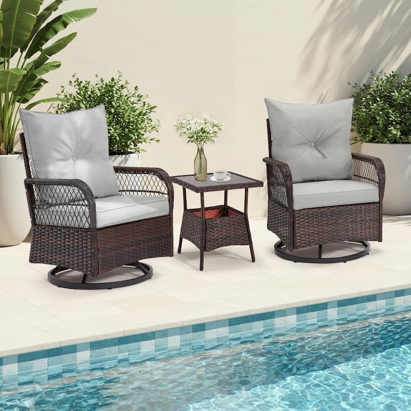 EROMMY 3-Piece Outdoor Rocking/Swivel Chair Set - PE Rattan Patio Furniture with Cushions & Coffee Table, Rocker Chairs - PE Rattan & Swivel - Grey