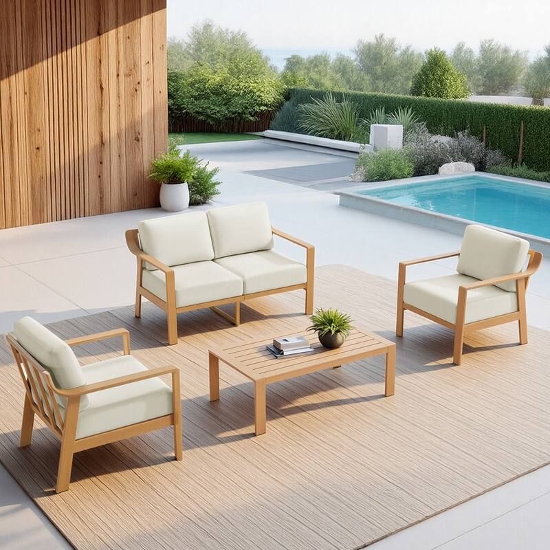 Spruce & Spring Outdoor Patio Furniture Set Aluminum Sofa Accent Chair - 4PC-Loveseat - Beige