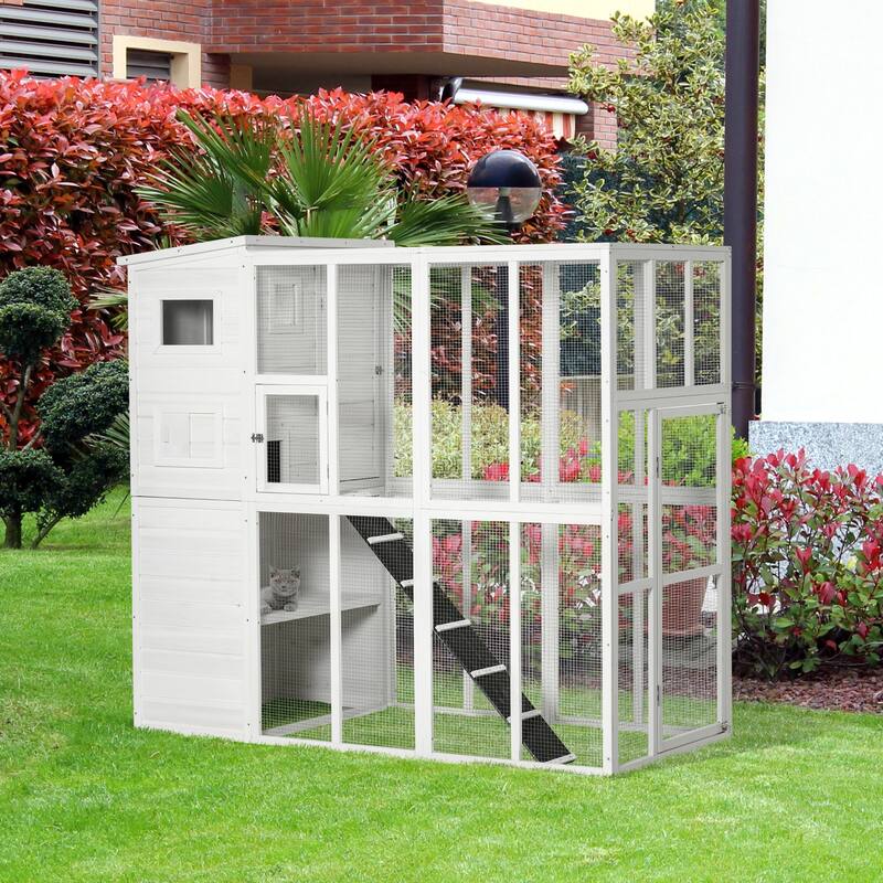 PawHut Large Wooden Outdoor Cat House with Large Run for Play, Catio for Lounging, and Condo Area for Sleeping