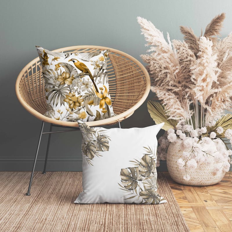 Leafy Lyricist Indoor/Outdoor Reversible Throw Pillow White and Gold