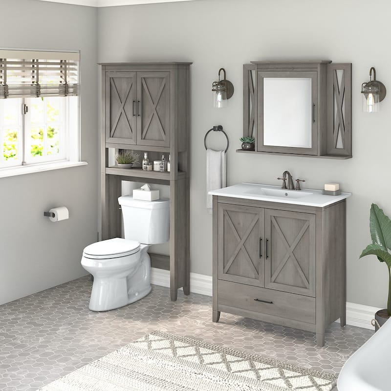 Key West 32W Bathroom Vanity, Mirror and Space Saver by Bush Furniture - Driftwood Gray