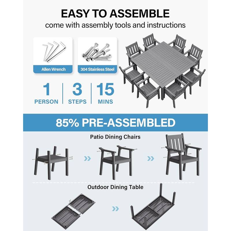 WINSOON 10-Piece HIPS All Weather Outdoor Patio Dining Sets with Umbrella Hole& Aluminum Frame,2-Table 8-Chairs