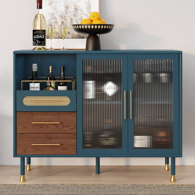Accent Cabinet with Adjustable Shelves & Wine Rack Modern Bar Cabinet - Blue