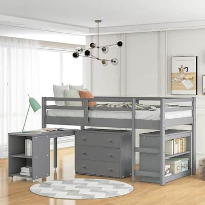 Low Loft Bed Frame with Storage Cabinet and Rolling Portable Desk