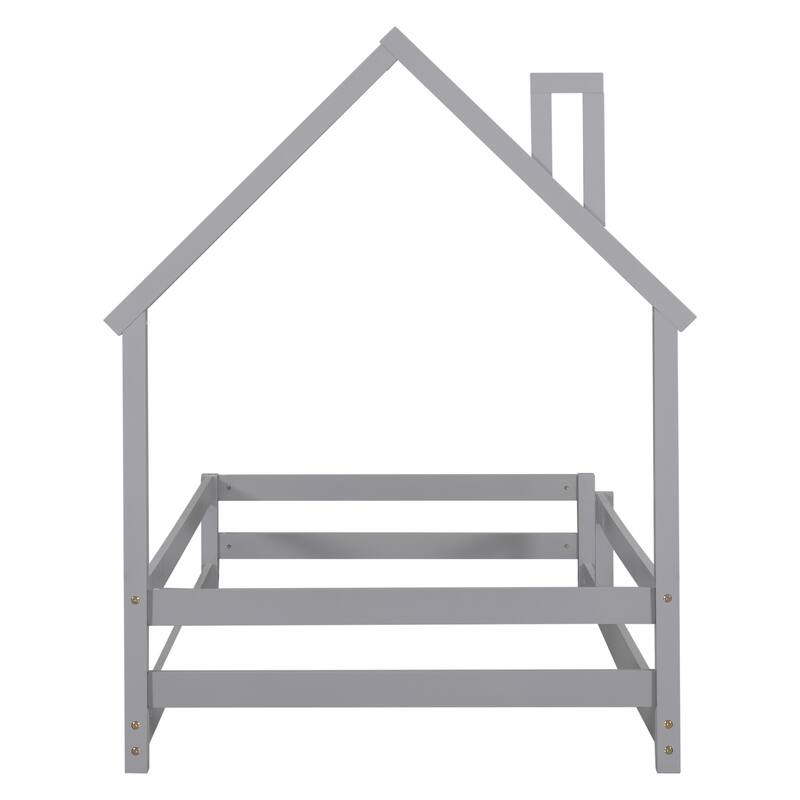Twin Size Wood bed with House Shaped Headboard Floor Bed with Fences