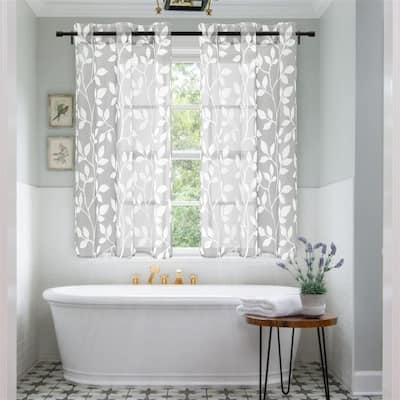 Grey Leaf Striped Sheer Curtains 48" Bathroom