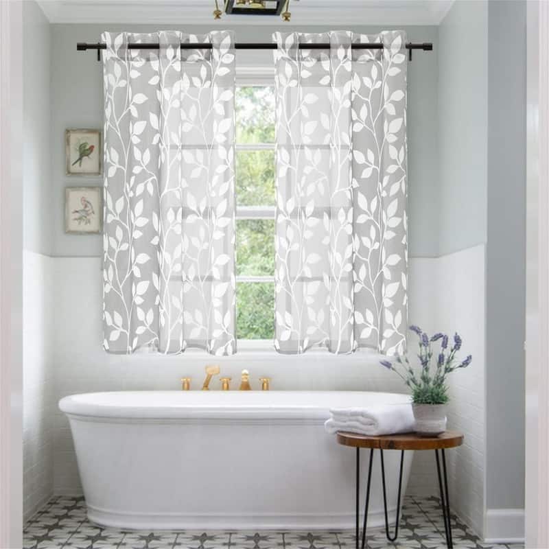 Grey Leaf Striped Sheer Curtains 48" Bathroom