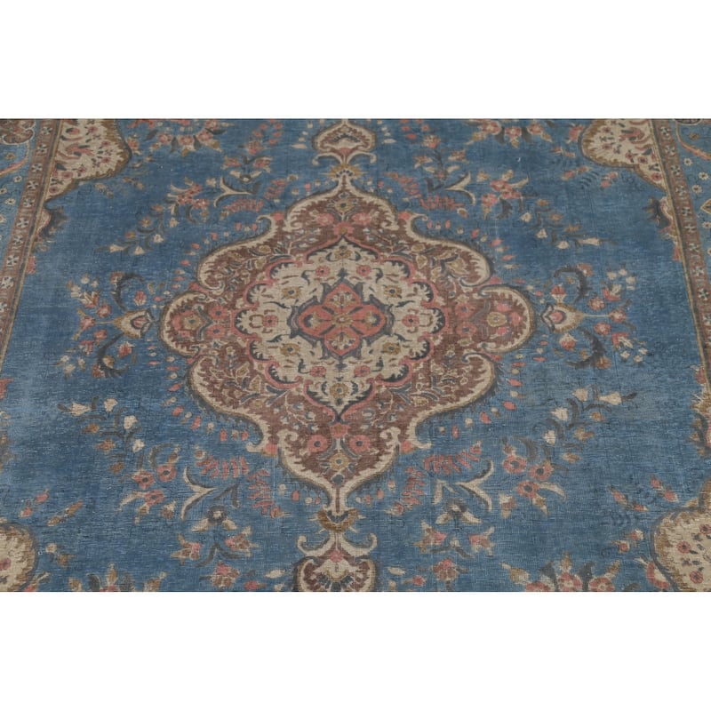 Blue Floral Tabriz Persian Antique Area Rug Hand-Knotted Wool Carpet - 9'6"x 12'10"
