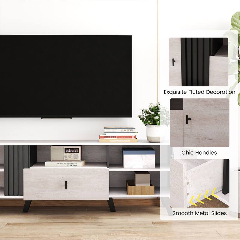 Modern Wooden TV Stand with Storage Cabinets and Drawer for TVs up to 80" Fluted Panel and Metal Hardware - 68" x 16" x 21"