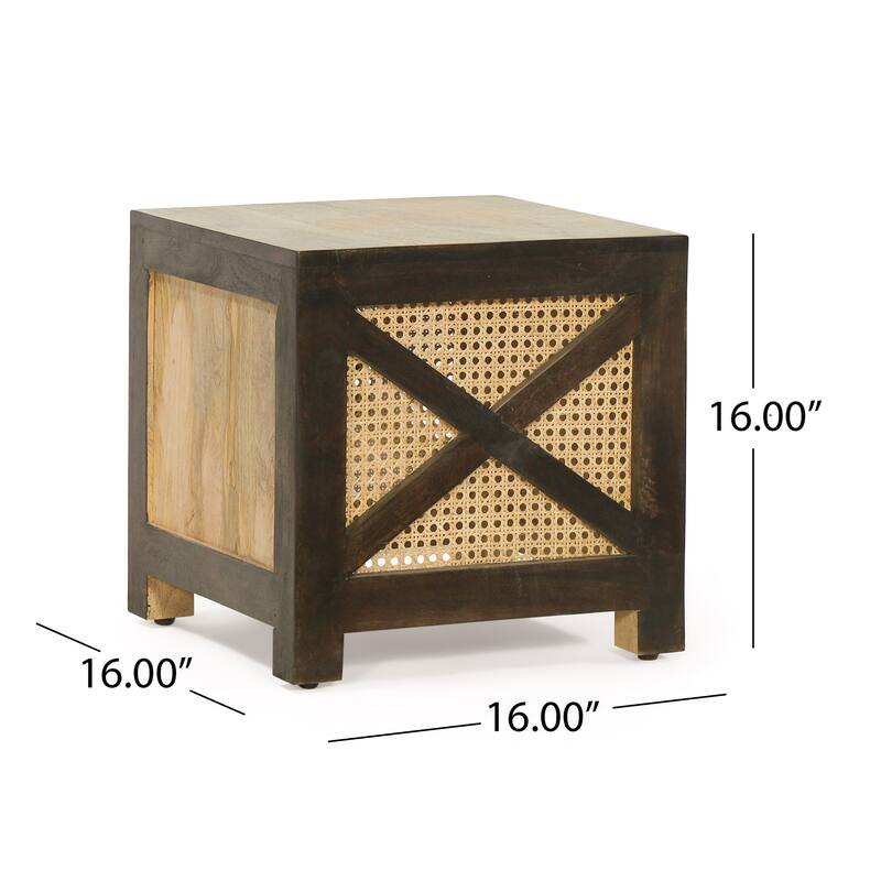 Roomfitters Rustic Mango Wood End Table with Woven Rattan Panel, Square Accent Coffee Table for Living Room, Natural