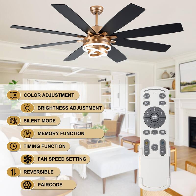Cusp Barn 52"/72" Modern Large Dimmable LED Ceiling Fan with Lights and Remote, Reversible 8-Blade DC Motor DIY Shape Chandelier