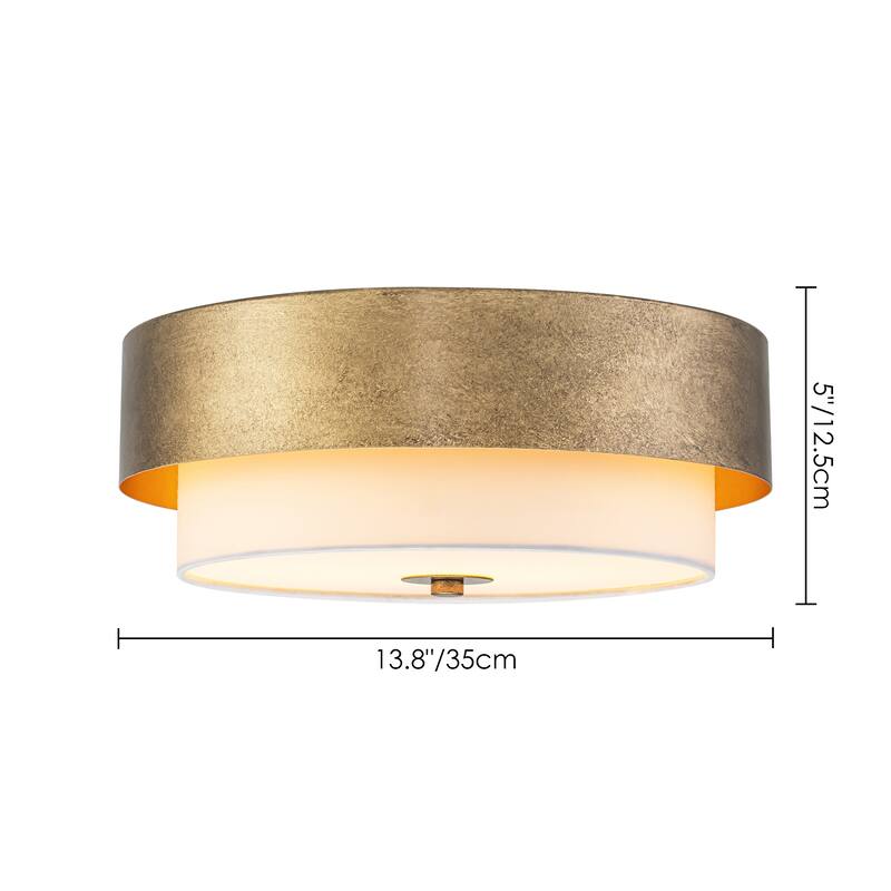 13.8" W Mid-Century Modern Tiered Flower/Circluar Drum Ceiling Light in Distressed Stain Gold with White Fabric Shade