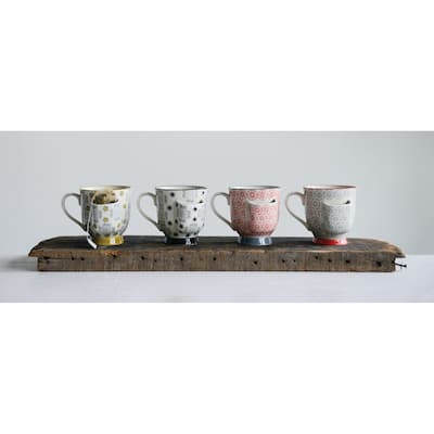 Decorative Stoneware Mugs with Tea Bag Holders (Set of 4 Designs)