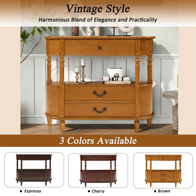 Retro Curved Wood Console Table with 3 Drawers, 43" Entry Table with Storage Shelf, Sofa Table with Solid Wood Legs