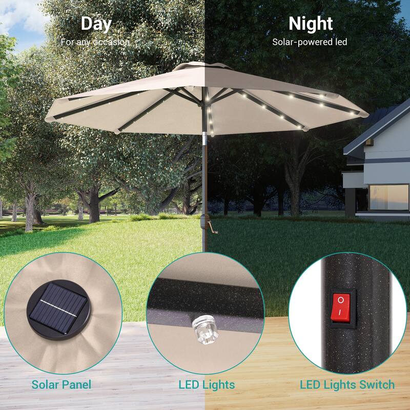 BONOSUKI Patio 10Ft LED Market Umbrellas With Solar Lights, Table Umbrella for Patio and Outdoor With Tilt Button
