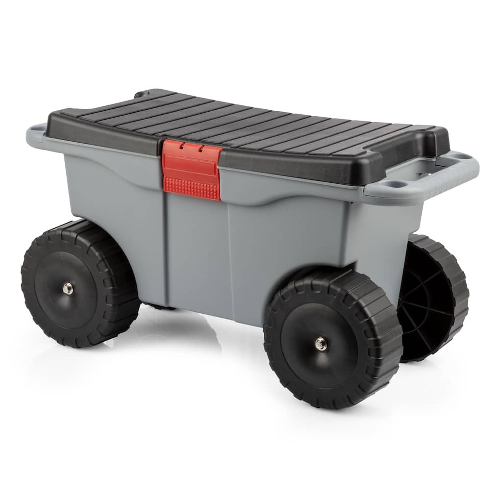 Rolling Garden Cart with Seat - Plastic Storage with Bench and Interior Tool Tray by Pure Garden (Gray)