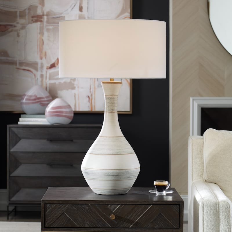 Ceramic Striped Table Lamp with Drum Shade - 32.5" - Cream and Blue