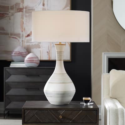 Ceramic Striped Table Lamp with Drum Shade - 32.5" - Cream and Blue