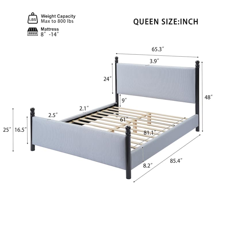 Christopher Knight Home - Modern Striped Upholstered Wood Bed Frame with High Padded Headboard & Soundproofed