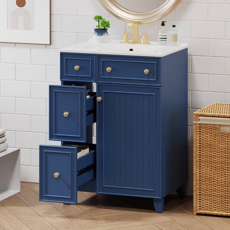 24-Inch Bathroom Vanity Cabinet with Ceramic Sink, 2 Drawers, 1 Door - Blue