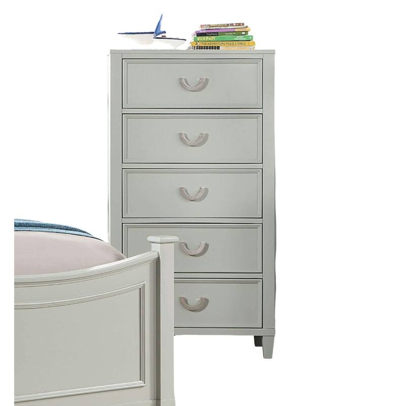 Transitional Gray 5-Drawer Chest with Dovetail Drawers & Chrome Pulls