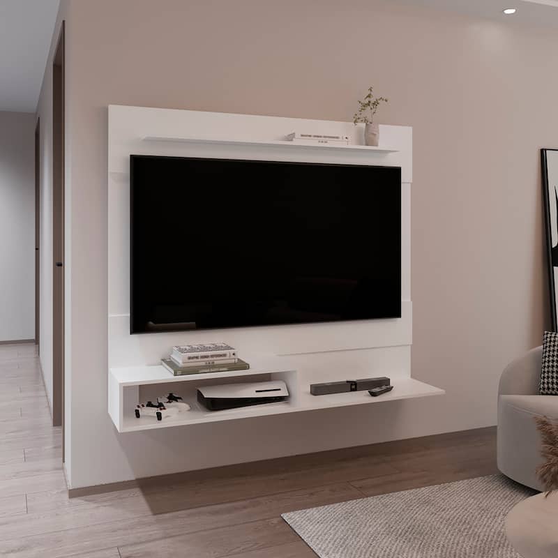 Floating Entertainment Center, One Superior Shelf, Two Shelves, Space For Tv, White - White