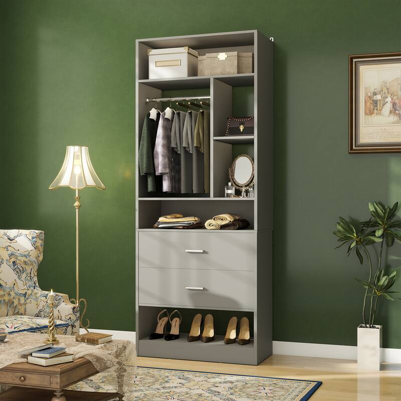 Kyrvo Freestanding 24" Closet System with 2 Wood Drawers,2FT Heavy Duty Walk-in Closet Organizer with 6 Shelves & Hanging Rod