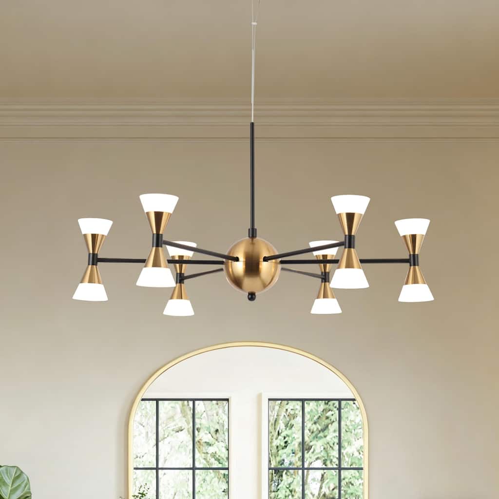Modern Contemporary 12-Light Black Gold LED Chandelier Metal Wheel Pendant Lights for Dining Room - 23.5" D x 12.5" H