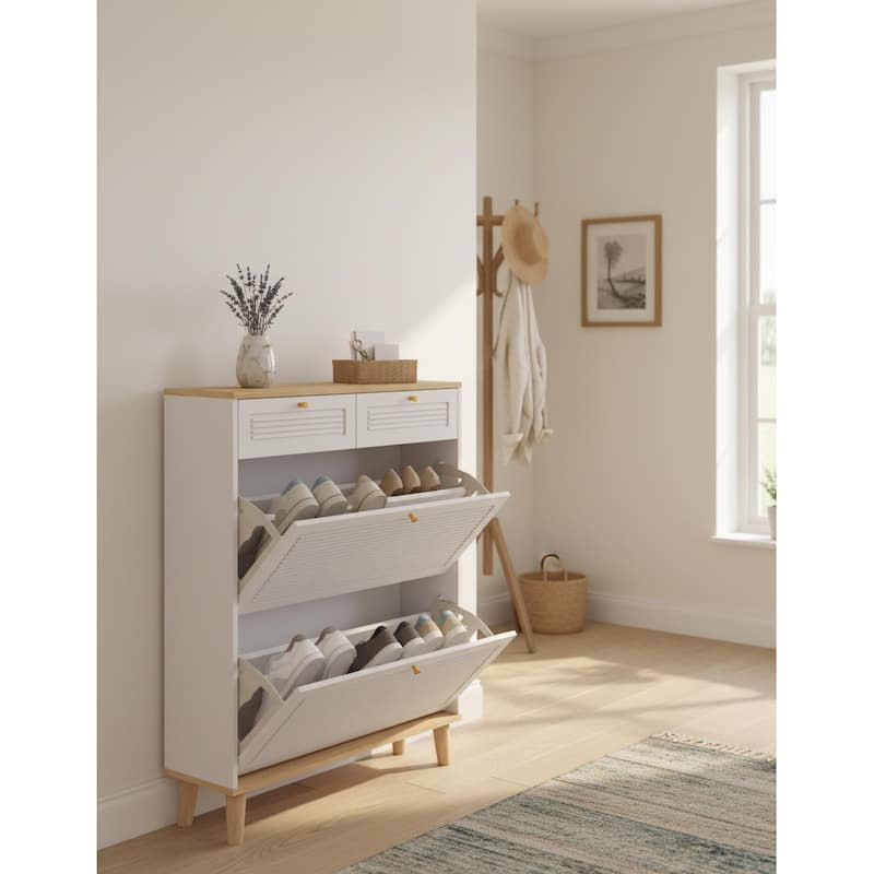 Homy Casa Compact Shoe Storage Bench 2 Flip Doors 2 Drawers, White - Natral