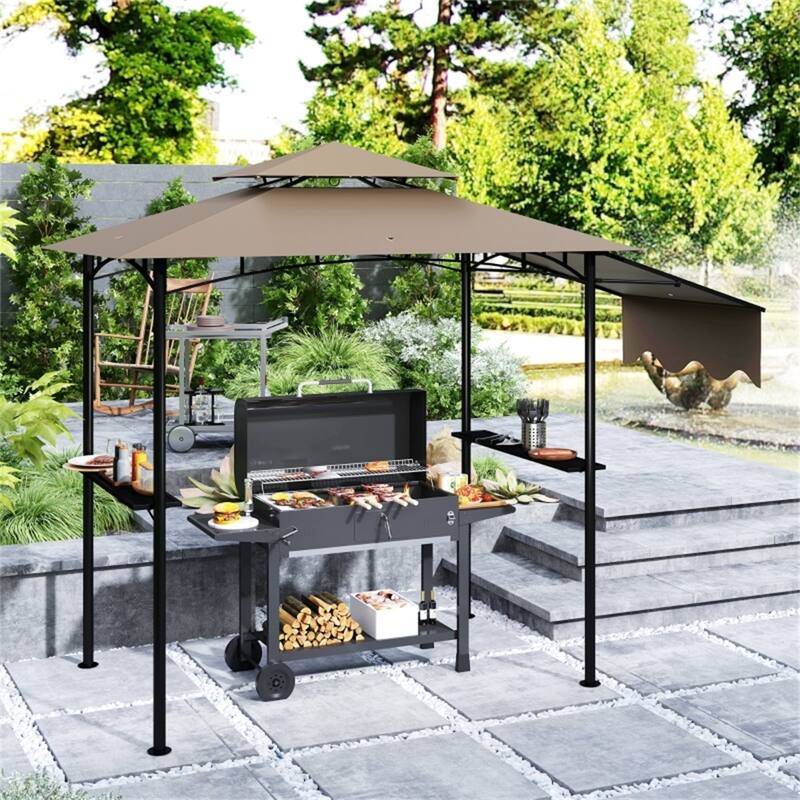Brown Grill Gazebo with Powder-Coated Metal Frame Adjustable Height Awning Double Top - 95.3" L x 58.7" W x 97.6" H