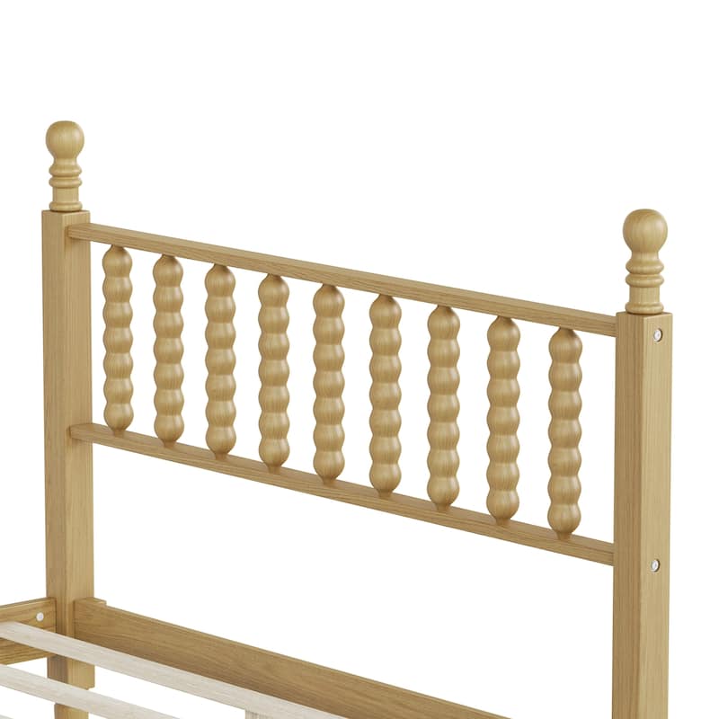 King/Full Size Wood Platform Bed with Gourd Shaped Headboard - Retro Style Wooden Slat Support Bed Frame